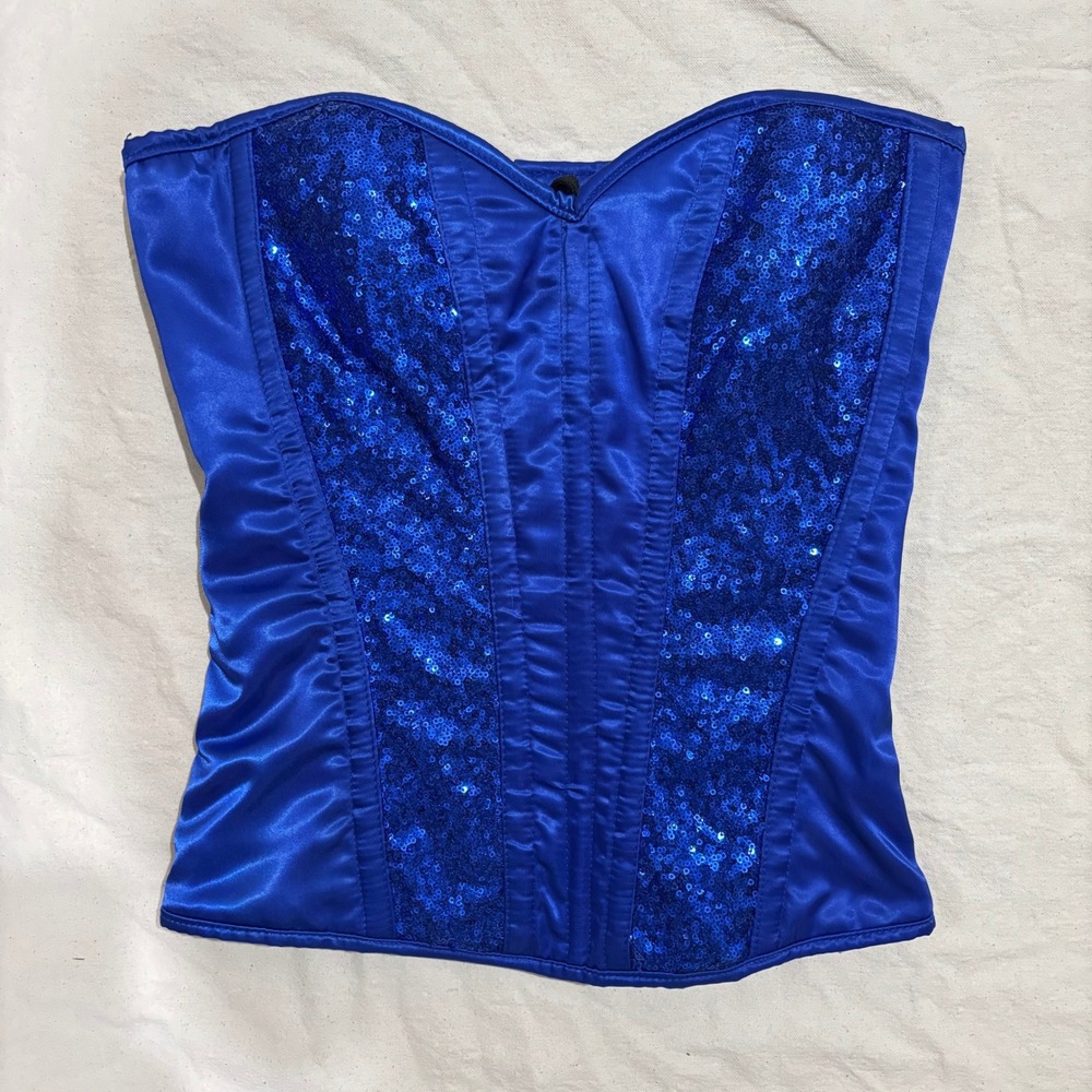 Top Drawer Daisy Corsets Royal Blue‎ Sequin Satin Lace Up Corset Top Blue Medium